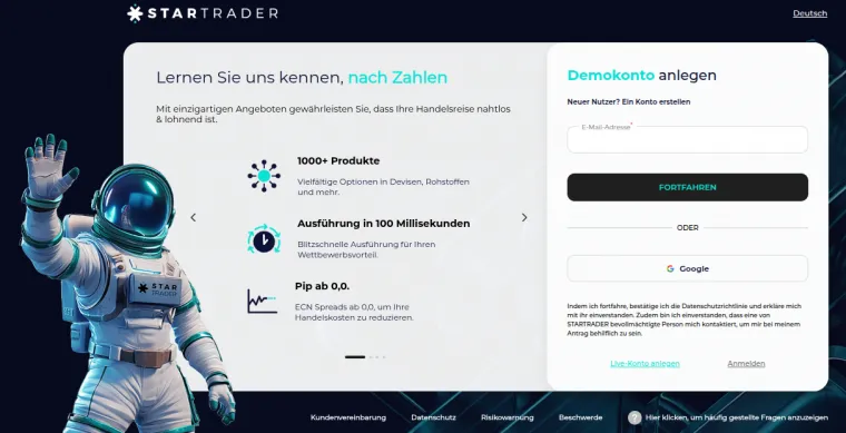 Anmeldung zum Forex Trading Demokonto bei StarTrader