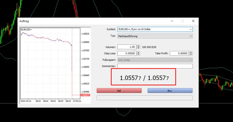 Live Screenshot von Vantage Markets im EURUSD ohne einen Spread