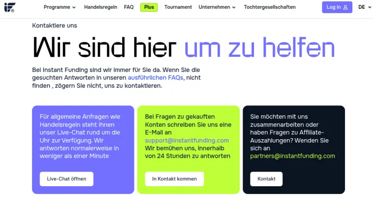 Kontakt und Kundendienst bei InstantFunding.com