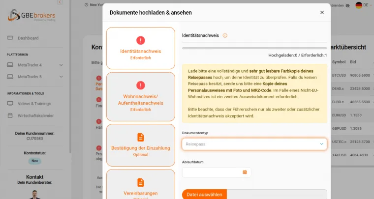 Dokumente hochladen bei GBE Brokers