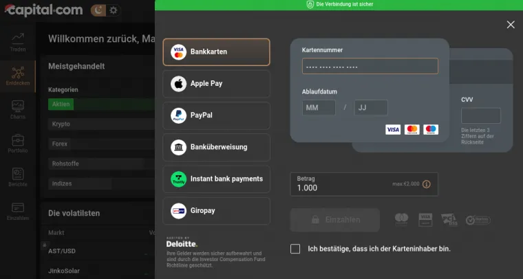 Zahlungsmethoden bei Capital.com für Rohstoffkauf