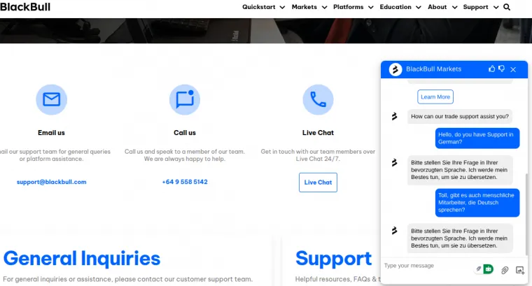 BlackBull Markets Kunden Support