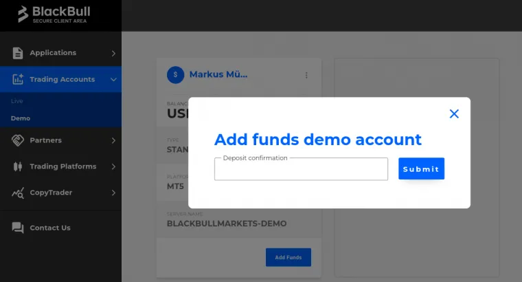 Maske zum Aufladen von Geldmitteln im Trading Demo von BlackBull