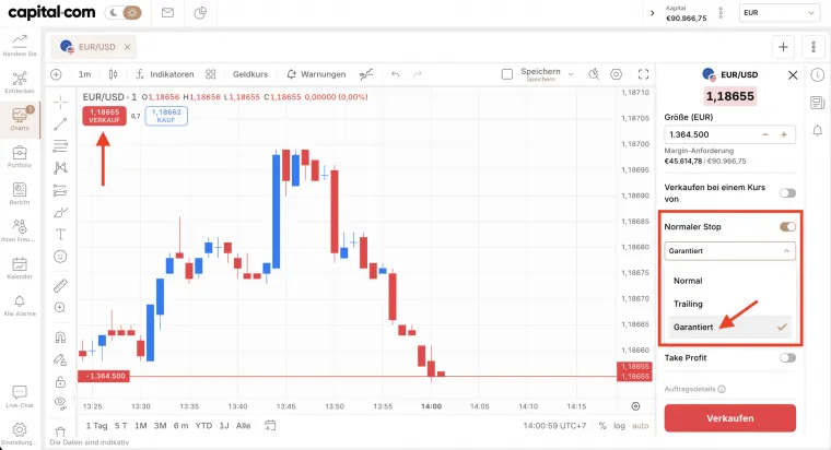Order platzieren und GSLO Option aktivieren bei Capital.com