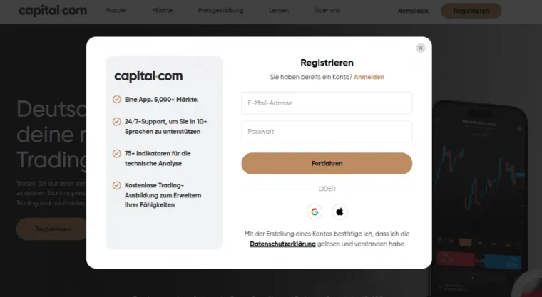Konto Eröffnung (Maske) bei Capital.com