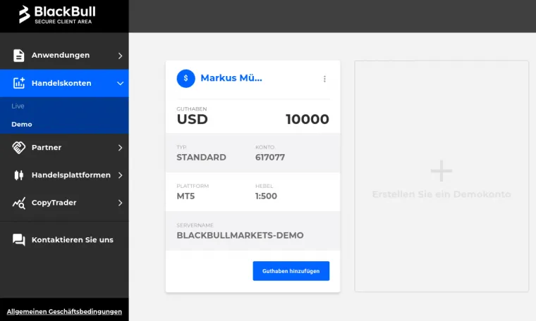 Dashboard des Demokontos bei BlackBull Markets