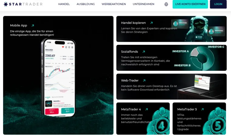 Webseite der StarTrader Plattform mit Schnittstellen