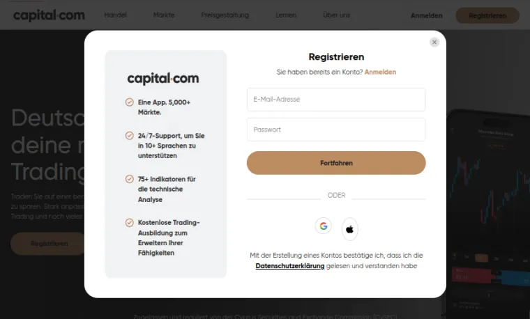 Anmeldemaske bei Capital.com