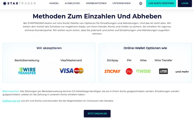 Ein- und Auszahlungsmethoden bei StarTrader
