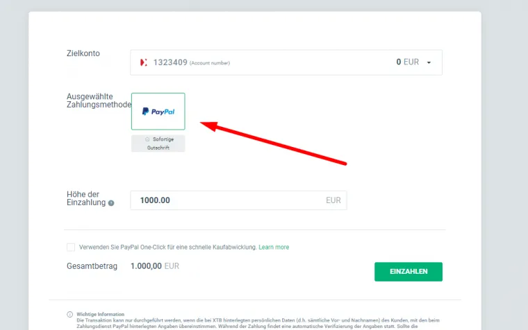 Einzahlung per PayPal beim Broker durchführen