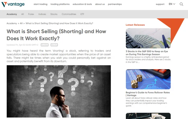 Vantage Markets Short Selling Broker