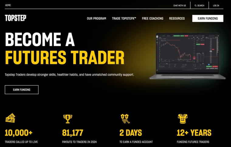 TopStep Prop Trading Firma für Futures Trader, zeigt 81.177 Auszahlungen und 12+ Jahre Erfahrung.