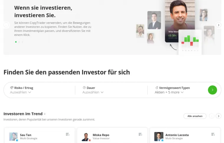 Copy Trading Optionen bei der Plattform eToro