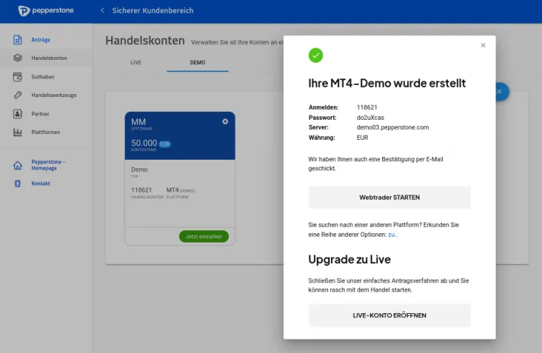 Einrichtung des Forex Demos bei Pepperstone