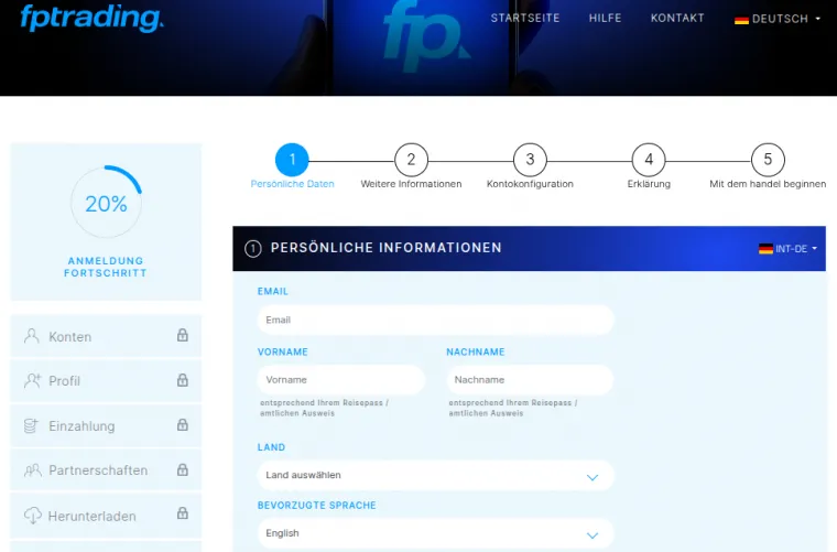 Anmeldung mit Namen bei FP Trading