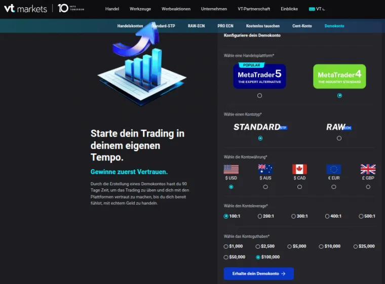 Anmeldemaske mit Auswahl für Forex Demokonten von VT Markets