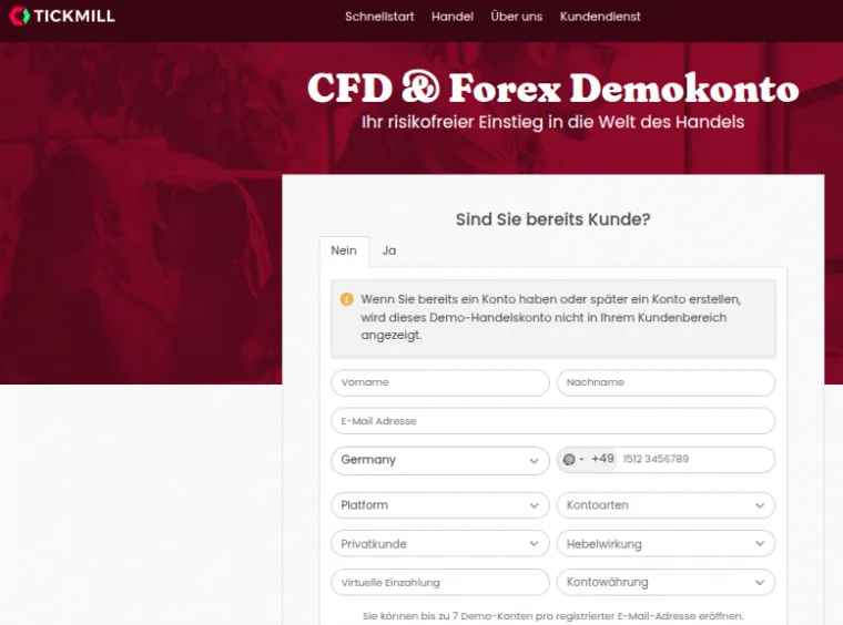 Tickmill Eröffnung eines Demokontos