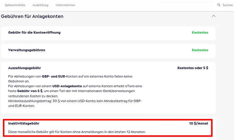 Inaktivitätsgebühren eines Aktien Kontos ab 12 Monaten bei eToro