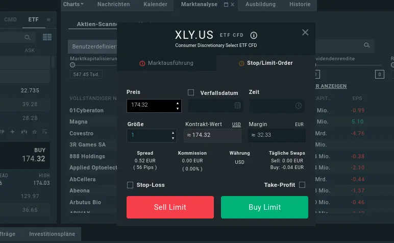 Kaufmaske bei XTB mit gehebeltem ETF für das Daytrading