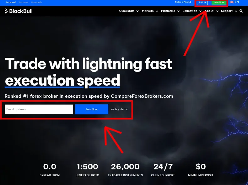Anmeldebuttons bei BlackBull Markets