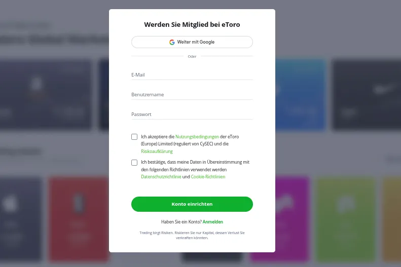 Anmeldemaske von eToro, um ETF Trading Konto zu eröffnen