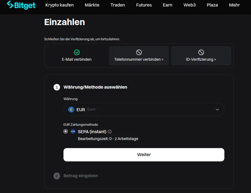 Formular bei Bitget für die Einzahlung von Geld 