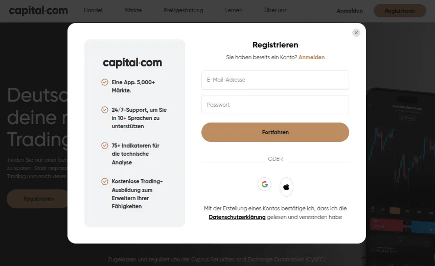 Anmeldemaske bei Capital.com