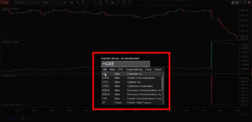 Auswahl von Handelsinstrumenten im NinjaTrader