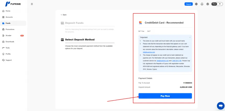 PU Prime Einzahlung per Kreditkarte Screenshot