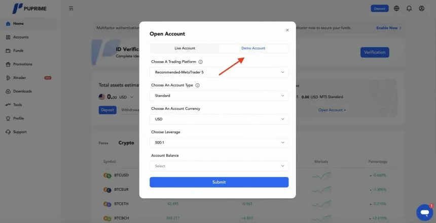 Demokonto von Puprime eröffnen