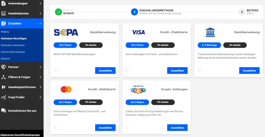 Einzahlung bei BlackBull und Zahlungsmethoden