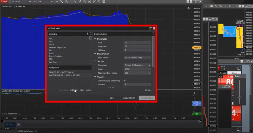Indikatorenauswahl im NinjaTrader