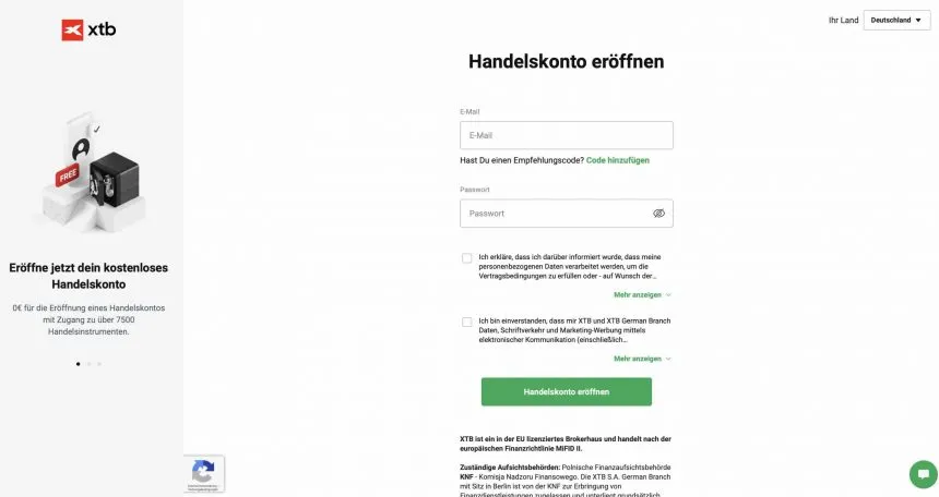 XTB Kontoeröffnungsmaske