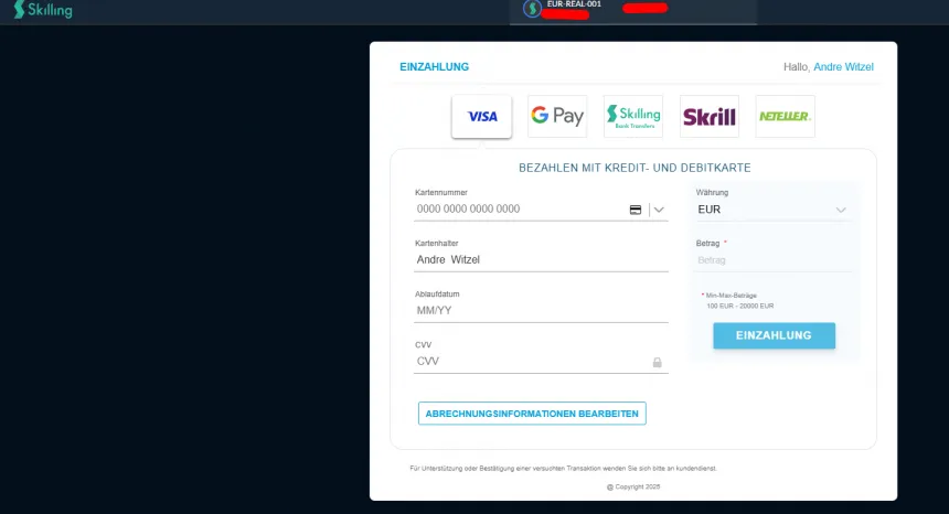 Ein und Auszahlung bei Skilling mit verschiedenen Zahlungsmethoden