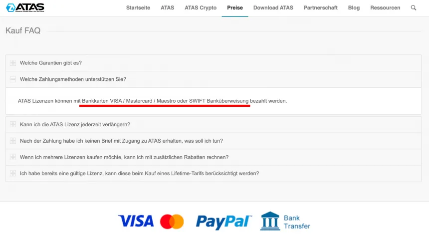 Zahlungsmethoden bei ATAS