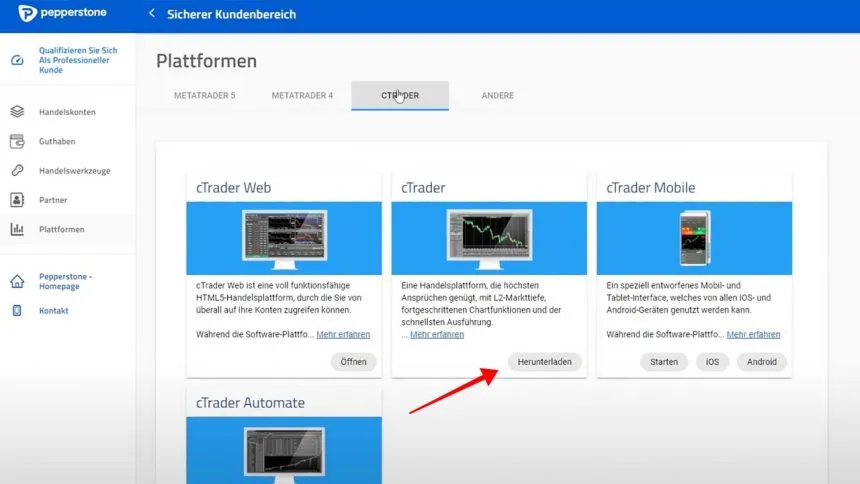 Pepperstone cTrader Plattform herunterladen