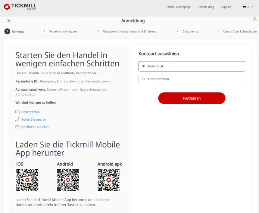 Tickmill Kontoeroeffnung