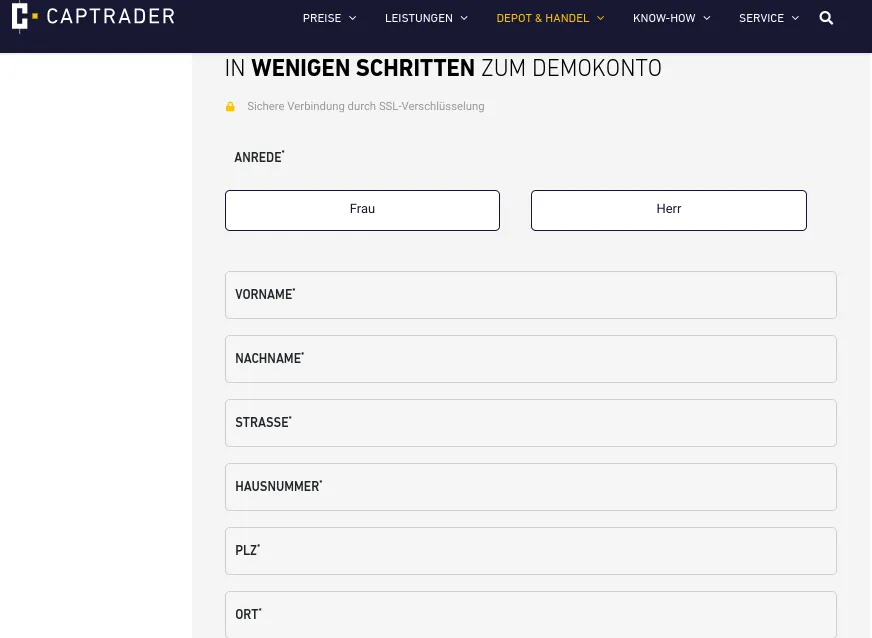 Anmeldung Aktien Demo bei Captrader