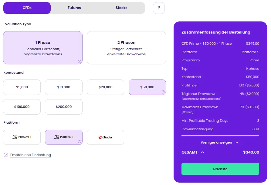 Auswahlmaske für Challenges bei The Trading Pit