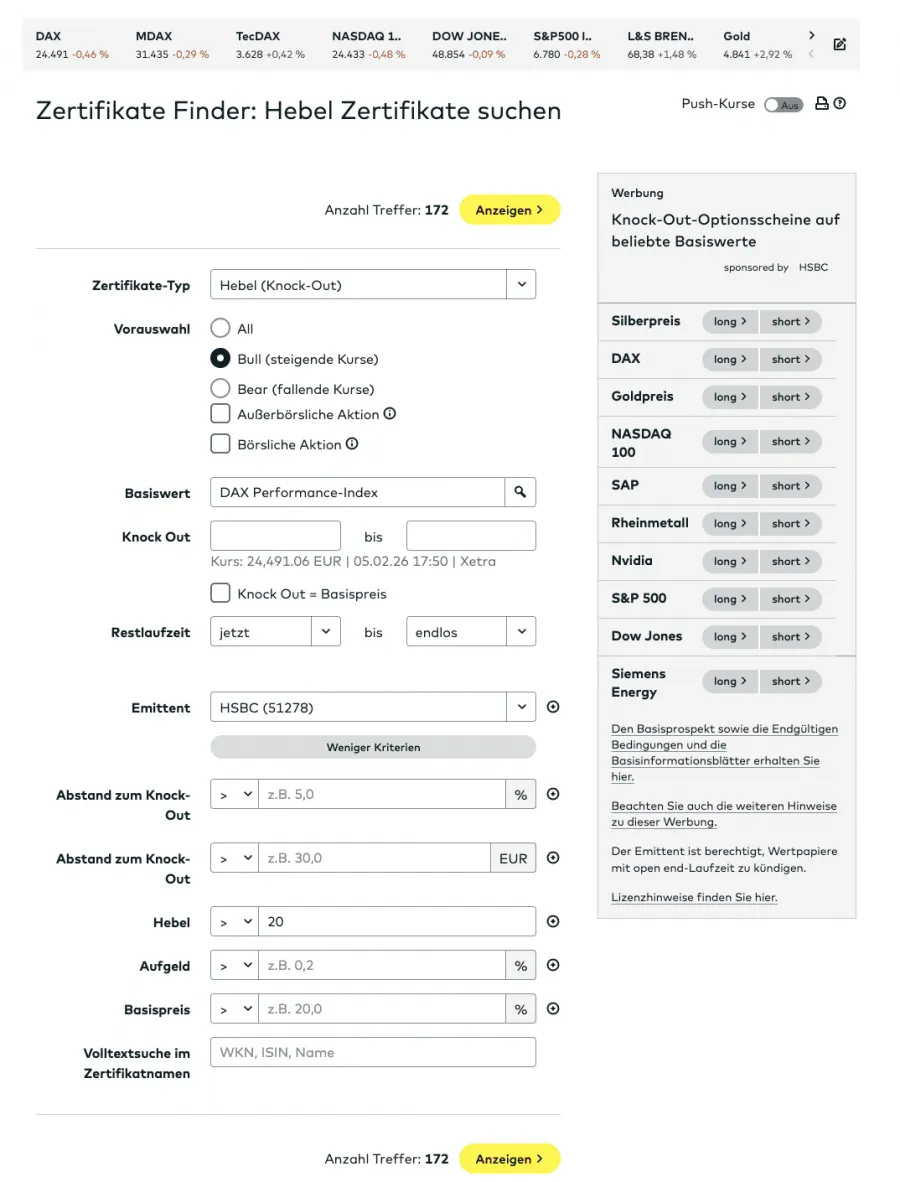 Knock-Out Zertifikate suchen und finden bei Comdirect