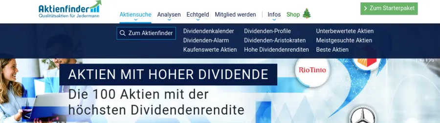 Nach Dividendenaktien filtern bei Aktienfinder.net
