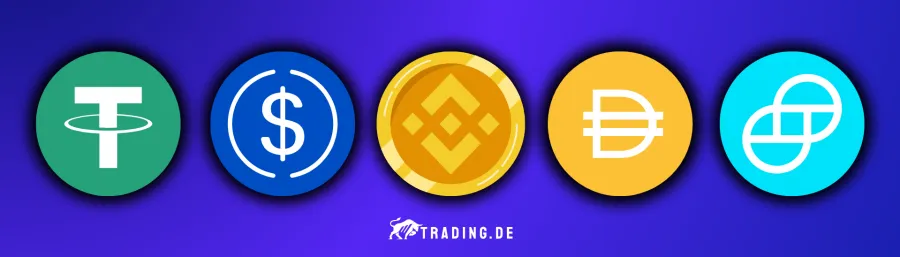 Stablecoins Tether (USDT), USD Coin (USDC), Binance USD (BUSD), Dai (DAI), Gemini (GUSD)