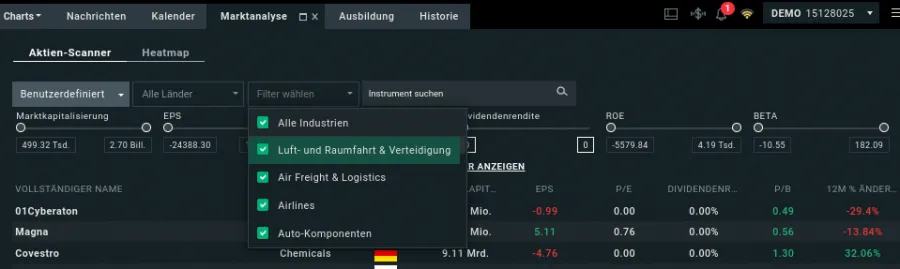 Aktien screenen bei XTB mit Filterfunktionen zur Branche