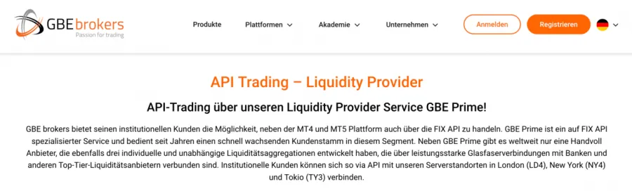 Screenshot von GBE Brokers Website, die API Trading als Option für Hochfrequenzhandel (HFT) über GBE Prime anbietet.