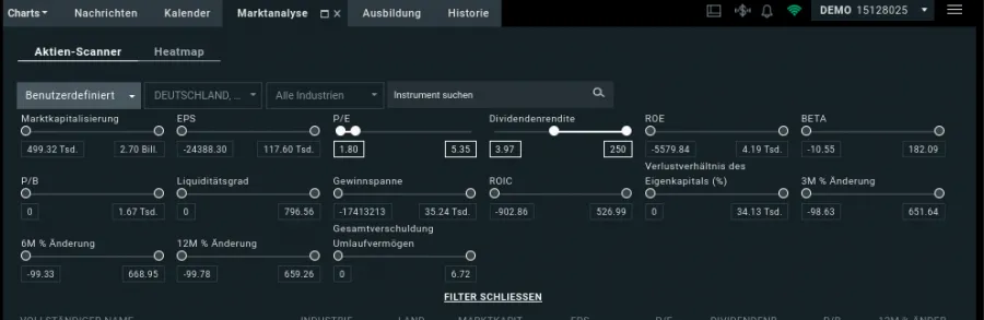 Filter beim Aktienscreener einstellen