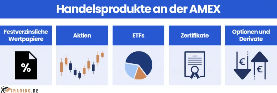 Grafische Darstellung der Handelsprodukte an der American Stock Exchange (AMEX), einschließlich festverzinslicher Wertpapiere, Aktien, ETFs, Zertifikate, Optionen und Derivate.