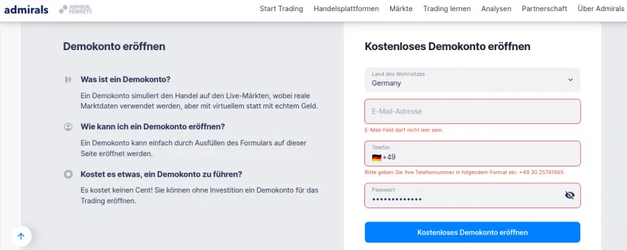Anmelden bei Admirals zum Aktien Demo