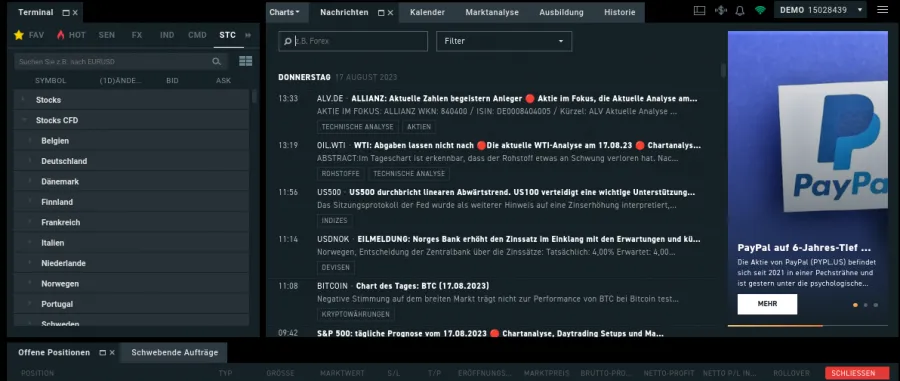 Screenshot der XTB Trading-Plattform mit News-Feed, welche Informationen zu Insidertransaktionen und Marktereignissen anzeigt.