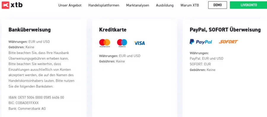 Einzahlungsmethoden bei XTB wählen