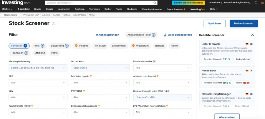 Such- und Filtermaske des Aktienscreeners bei Investing.com